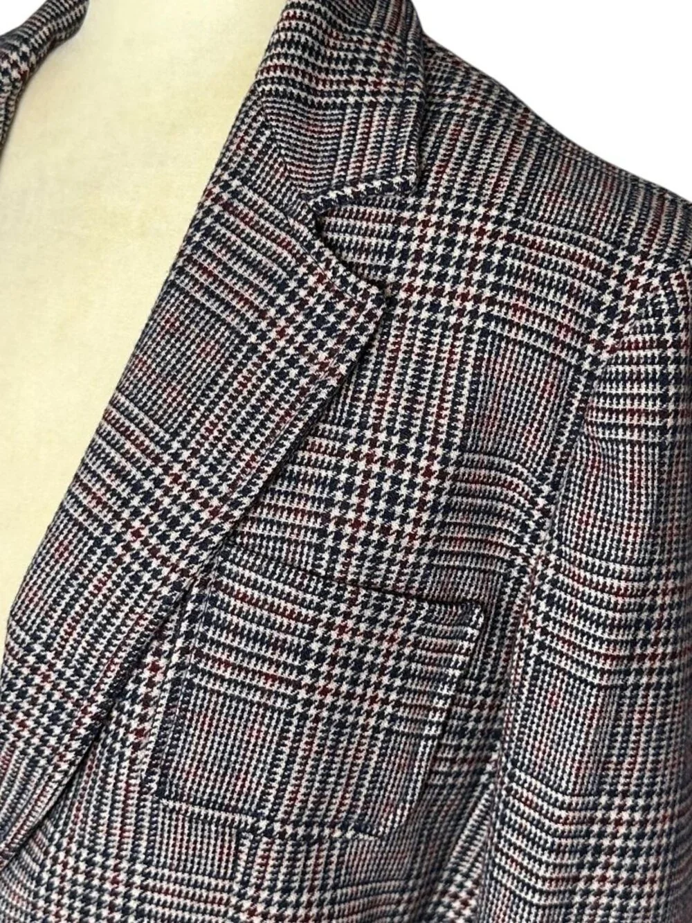 Vintage 70s Houndstooth Plaid Blazer Navy Burgundy Wool Look Tailored Jacket